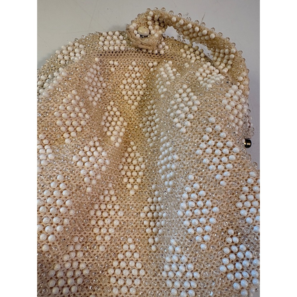 Vintage Beaded Wristlet Clutch Cream White Diamond Pattern Evening Bag 5.5" - Picture 7 of 8